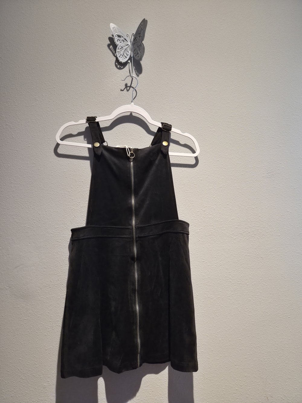 Black Faux-Leather Mini Pinafore Dress with Front Zip